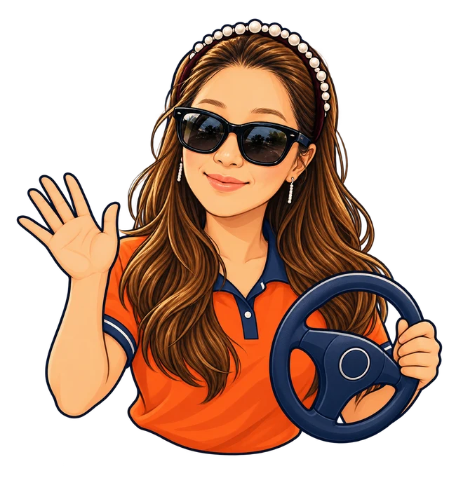 Illustrated Barbara Lo waving, wearing her sunglasses and pearl headband